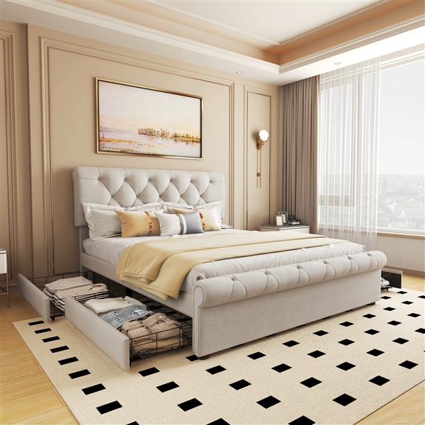 Queen size Upholstered Platform bed with Four Drawers, Antique Curved Headboard, Linen Fabric, Beige (without mattress)