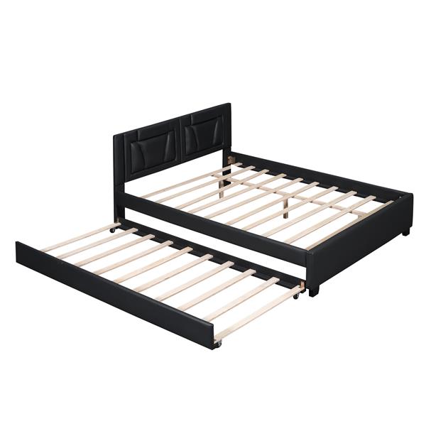 Queen Size Upholstered Platform Bed with Headboard and Twin Size Trundle, Black