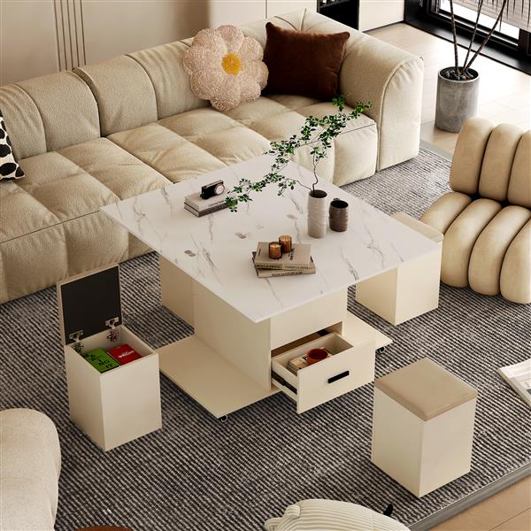 Modern Lift-Up Coffee Table with 4 Stools Set for Living Room Expandable 1 Hidden Storage + 2 Drawers Space Saving Folding Dining Table