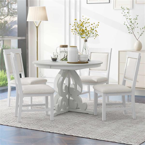 5-Piece Retro Functional Dining Set, 1 Extendable Table with a 16-inch Leaf and 4 Upholstered Chairs for Dining Room and Kitchen (Antique White)