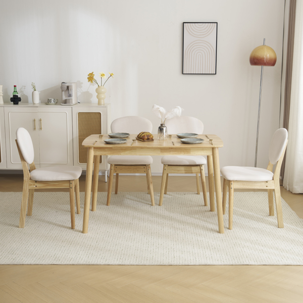 Disassembly rubber wood soft package wood color dining table and chair set 1 table 4 chair beige cushion rectangular