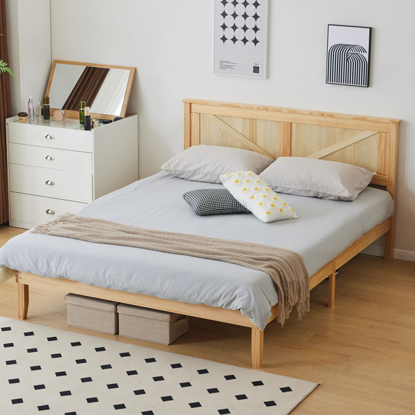 Queen Size Solid Wood Platform Bed Frame with Headboard natural