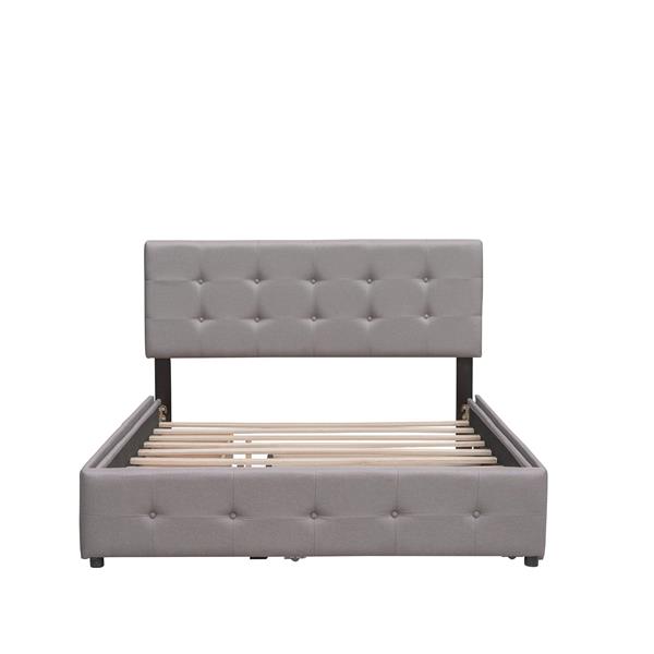 Upholstered Platform Bed with 2 Drawers and 1 Twin XL Trundle,  Linen Fabric, Queen Size - Light Gray