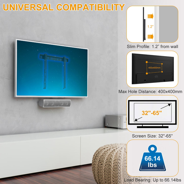 TV Wall Mount TV Wall Holder Bracket Support 32-65 inch Flat TV Max Hole Distance 400x400mm Hold Up To 30kg/66.14lbs