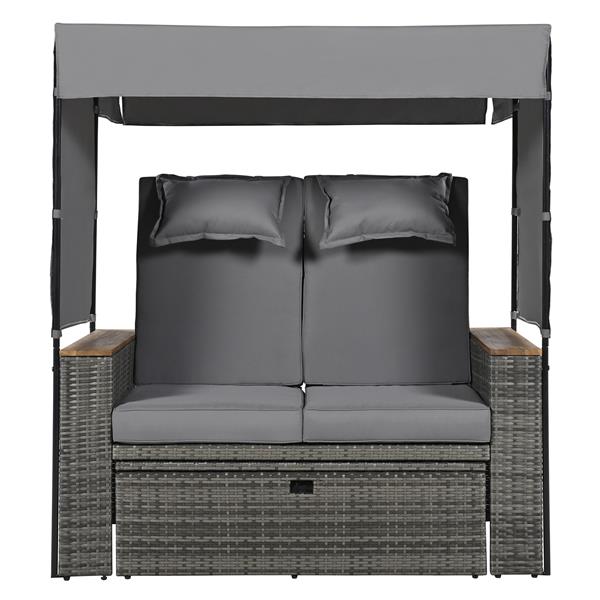 2-Piece Rattan Outdoor Patio Bench Lounge Roof Set, Effective UV Protection Fabric & Waterproof Cushions and Adjustable Backrest for Garden, Backyard and Porch (Grey Wicker + Grey Fabric)