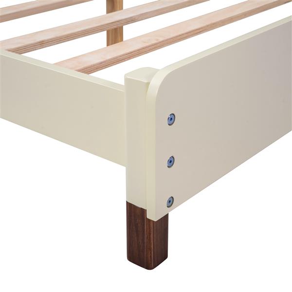 Full Size Wood Platform Bed with House-shaped Headboard  (Cream+Walnut)