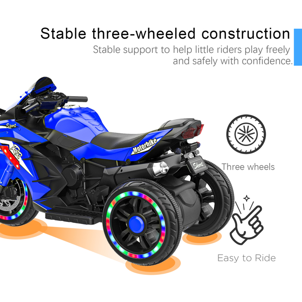 Electric Motorcycle for Kids, 12V Battery Powered Ride on Toys 3 Wheels Motorcycle with LED Lights, Bluetooth Music, Blue (No shipping on weekends) (Temu, Walmart Amazon prohibited)