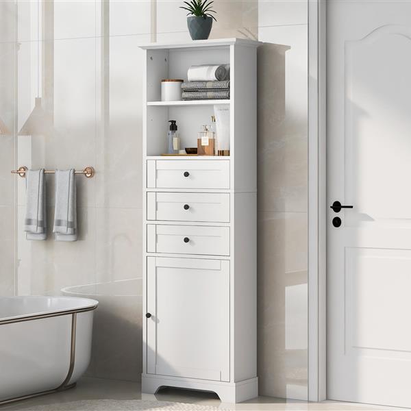 White Tall Storage Cabinet with 3 Drawers and Adjustable Shelves for Bathroom, Kitchen and Living Room, MDF Board with Painted Finish