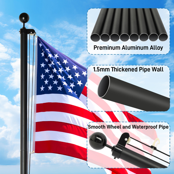 Flag Pole Kit for Outside House in Ground, 25FT Sectional Aluminum Extra Thick Flagpole, 5x3 US Flag, Heavy Duty Black Flag Poles Kit for Yard