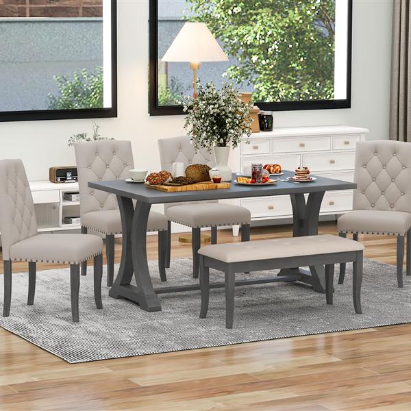 6-Piece Farmhouse Dining Table Set, Rectangular Trestle Table and 4 Upholstered Chairs & Bench for Dining Room (Antique Gray)