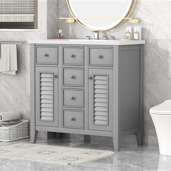 36\\" Bathroom Vanity with Ceramic Basin, Two Cabinets and Five Drawers, Solid Wood Frame, Grey