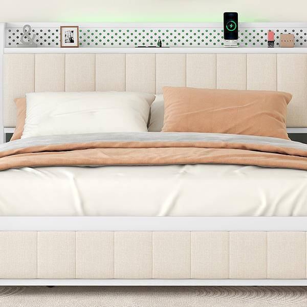 Queen Bed Frame with LED Headboard, Upholstered Bed with 4 Storage Drawers and USB Ports, Beige