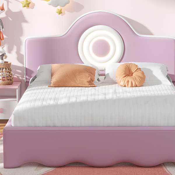 Full Size Upholstered Platform Bed with LED Headboard, Pink