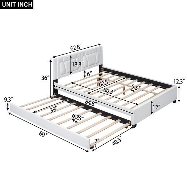 Queen Size Upholstered Platform Bed with Headboard and Twin Size Trundle, White