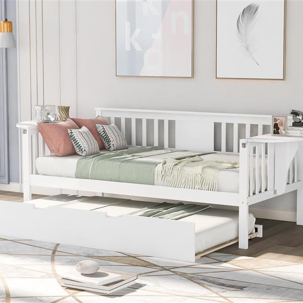 Twin Wooden Daybed with Trundle Bed  , Sofa Bed for Bedroom Living Room, White