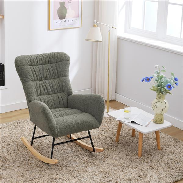 Nursery Rocking Chair, Teddy Upholstered Glider Rocker, Rocking Chair with High Backrest, Comfy Rocking Armchair for Living Room, Bedroom, Offices, GREEN