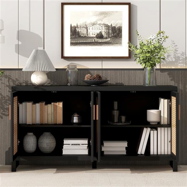 Modern TV Stand for 65-inch TV with Rattan Doors, Adjustable Shelves and Metal Handles for Living Room, Black