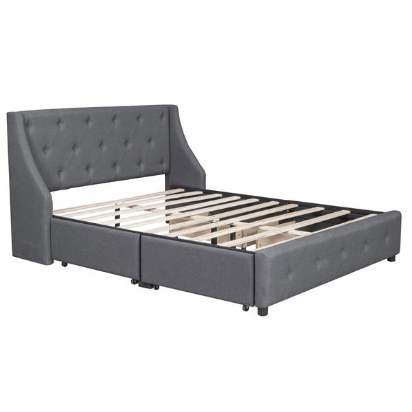 Upholstered Platform Bed with Wingback Tufted Headboard and 4 Drawers, No Box Spring Needed, Linen Fabric, Queen Size Gray