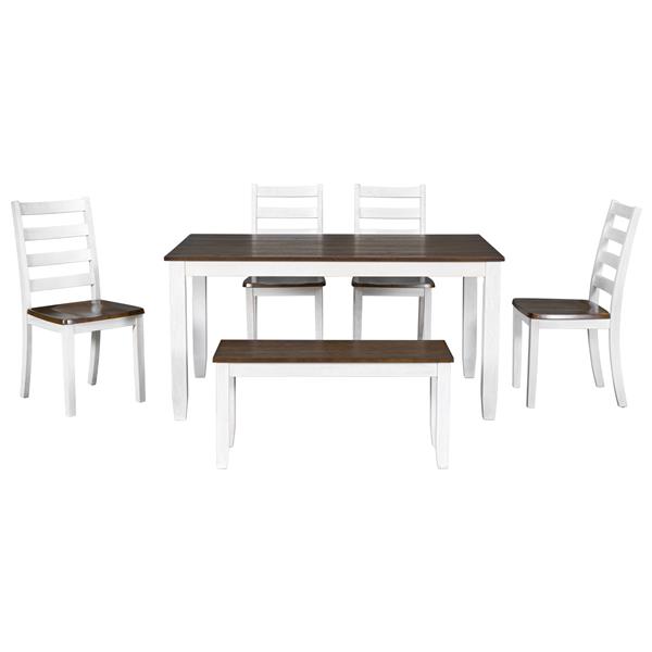 Rustic Style 6-Piece Dining Room Table Set with 4 Ernomic Designed Chairs & a Bench (Walnut + Cottage White)