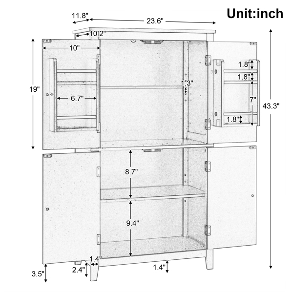 Elegant Bathroom Floor Storage Cabinet, Bathroom Storage Unit, Freestanding Cabinet with 4 Doors, Adjustable Shelves, Adaptable Shelves, Black 