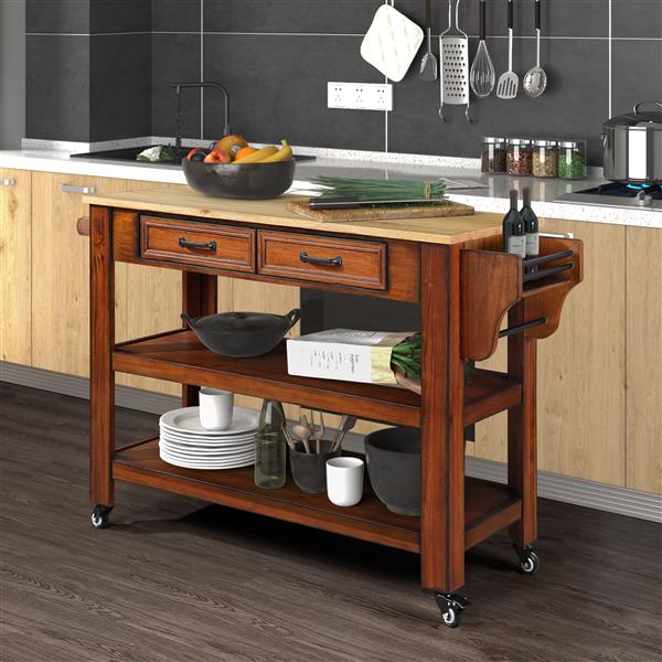 57 inch Rolling Kitchen Island with Storage,Kitchen Cart with Solid OAK Wood Top,Two-sided Kitchen island Cart on Wheels ,Wine and Spice Rack, Large Kitchen Cart with 2 Drawers, Walnut+Natural Top