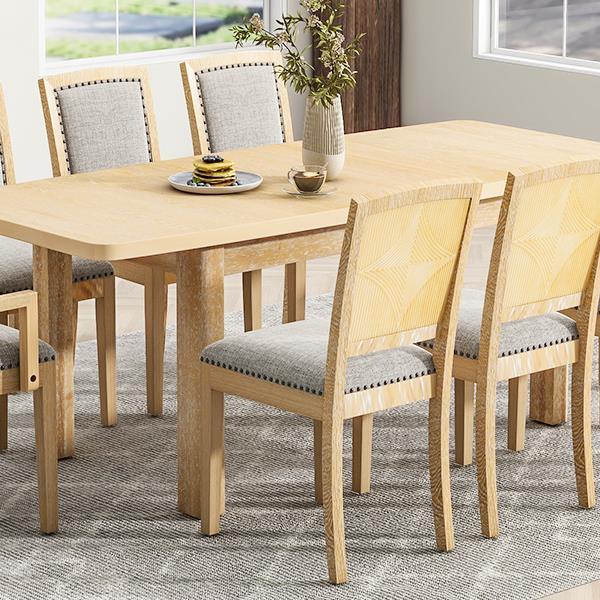 Rustic Extendable 84inch Dining Table Set with 24inch Removable Leaf , 6 Upholstered Armless Dining Chairs and 2 Padded Arm Chairs, 9 Pieces, Natural