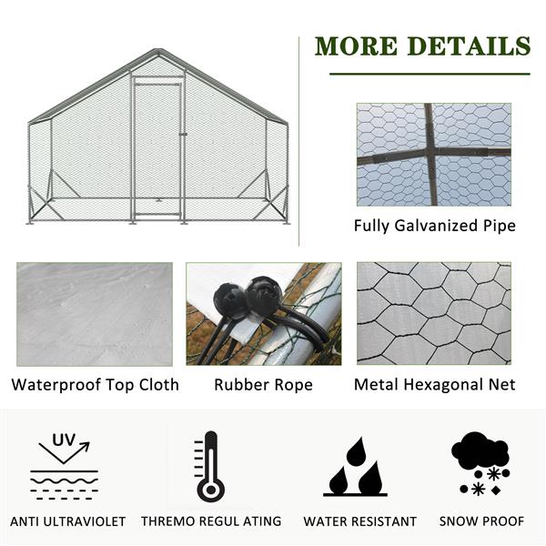 Large Metal Chicken Coop, Walk-in Chicken Run,Galvanized Wire Poultry Chicken Hen Pen Cage, Rabbits Duck Cages with Waterproof and Anti-Ultraviolet Cover for Outside(10' L x 6.6' W x 6.56' H)