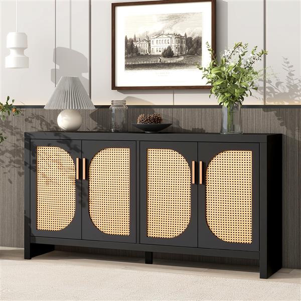 Modern TV Stand for 65-inch TV with Rattan Doors, Adjustable Shelves and Metal Handles for Living Room, Black