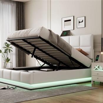 Full Size Tufted Upholstered Platform Bed with Hydraulic Storage System,PU Storage Bed with LED Lights and USB charger, White