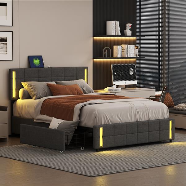 Queen Size Upholstered Platform Bed with LED Lights and USB Charging, Storage Bed with 4 Drawers, Gray(Linen)