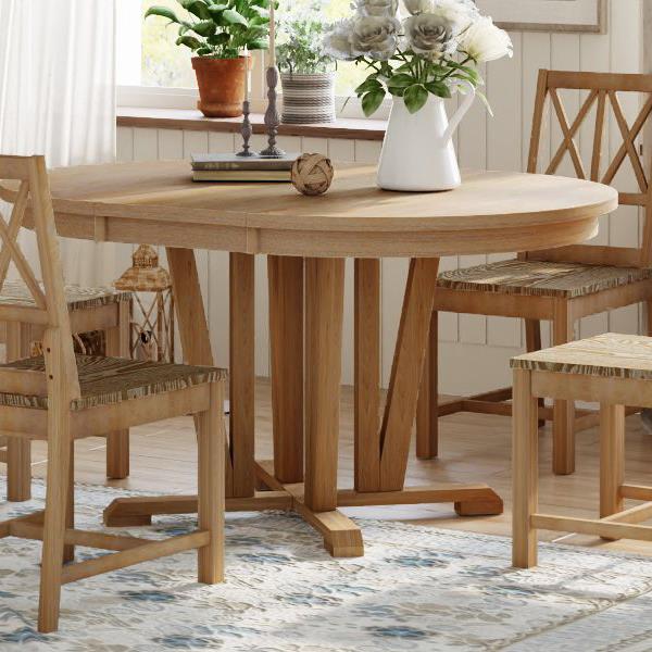 Rustic 5-Piece Extendable Dining Table Set Round Trestle Table and 4 Cross Back Dining Chairs for Kitchen, Dining Room, Natural