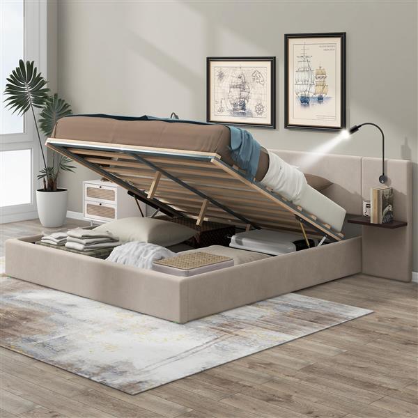 Queen Size Storage Upholstered Hydraulic Platform Bed with 2 Shelves, 2 Lights and USB, Beige