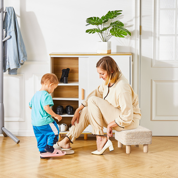 Foot Stool Ottoman Rectangular Footrest Pouf Ottomans Natural Seagrass Footstool with Wooden Legs Hand Weave Step Stool for Living Room Bedroom Entryway 