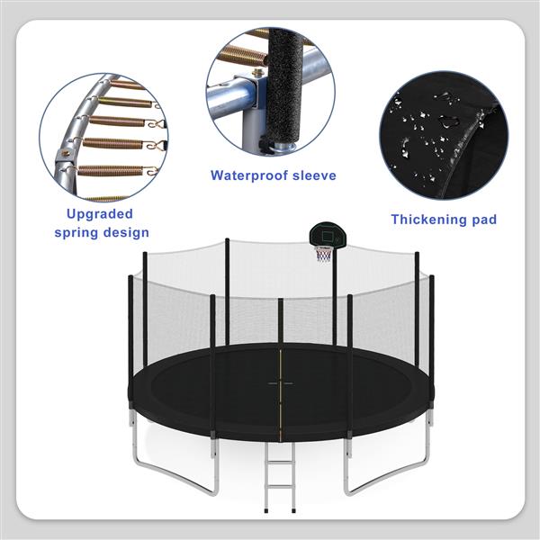 14FT Trampoline for Kids with Safety Enclosure Net, Basketball Hoop and Ladder, Easy Assembly Round Outdoor Recreational Trampoline