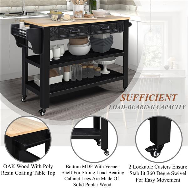 57 inch Rolling Kitchen Island with Storage,Kitchen Cart with Solid OAK Wood Top,Two-sided Kitchen island Cart on Wheels , Wine and Spice Rack, Large Kitchen Cart with 2 Drawers, Black+Natural Top