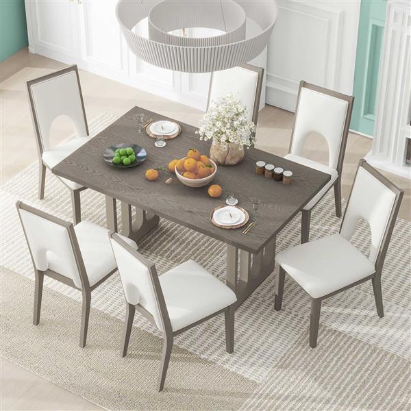 Wood Dining Table Set for 6, Farmhouse Rectangular Dining Table and 6 Upholstered Chairs Ideal for Dining Room, Kitchen (Grey+Beige)