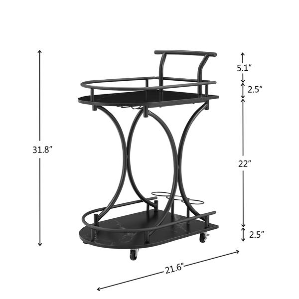 Black 2-Tier Bar Cart, Slide Bar Serving Cart, Retro Style Wine Cart for Kitchen, Beverage Cart with Wine Rack and Glass Holder, Rolling Drink Trolley for Living Room, Dining Room