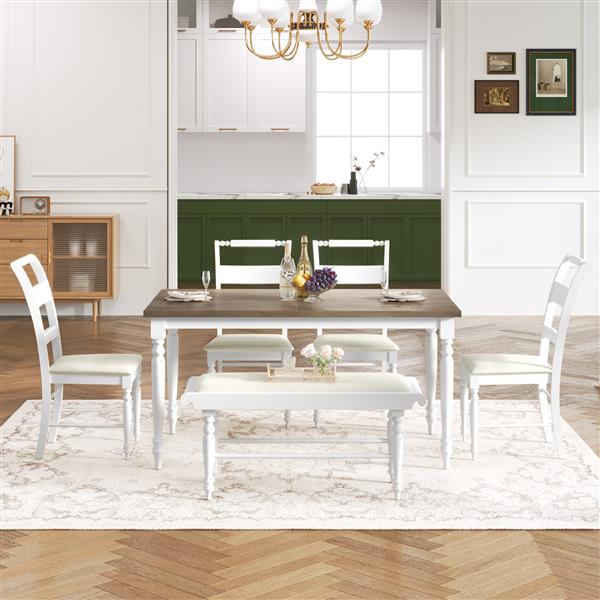 6-peice Dining Set with Turned Legs, Kitchen Table Set with Upholstered Dining Chairs and Bench,Retro Style, White