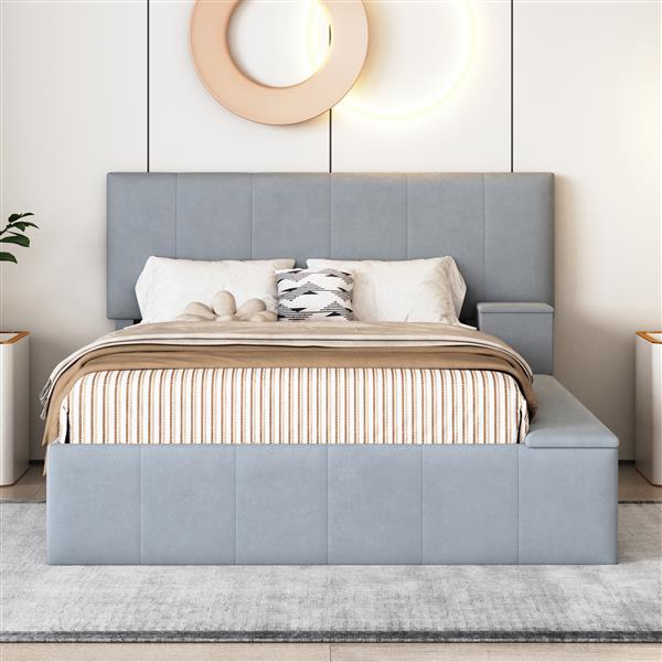 Full Size Upholstered Platform Bed with Lateral Storage Compartments and Thick Fabric, Velvet, Gray