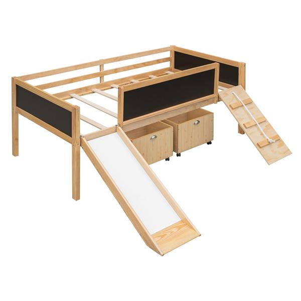 Twin size Loft Bed Wood Bed with Two Storage Boxes - Natrual