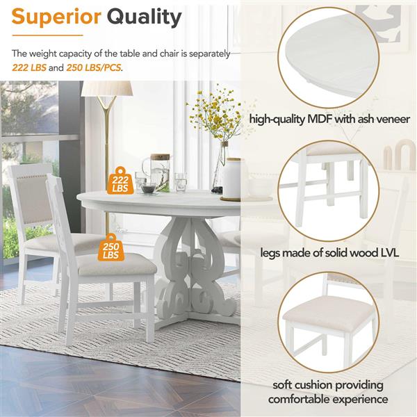 5-Piece Retro Functional Dining Set, 1 Extendable Table with a 16-inch Leaf and 4 Upholstered Chairs for Dining Room and Kitchen (Antique White)