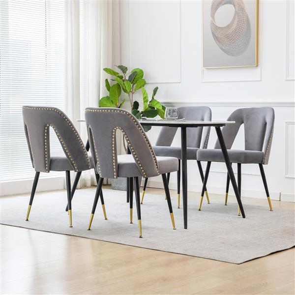 Furniture, Collection Modern | Contemporary Velvet Upholstered Dining Chair with Nailheads and ld Tipped Black Metal Legs, Gray，Set of 2