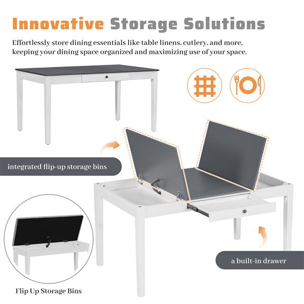 Farmhouse 6-Piece Dining Table Set with Storage Table, Kitchen Table Set with Drawer, Storable Bench and Upholstered Dining Chairs, White+Gray