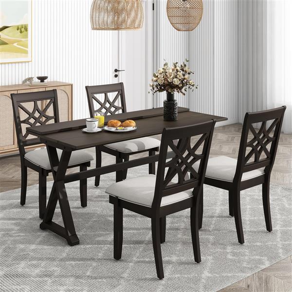 5-Piece 62*35.2inch Extendable Rubber Wood Dining Table Set with X-shape Legs,Console Table with Two 8.8Inch-Wide Flip Lids and Upholstered Dining Chairs ,Dark Walnut