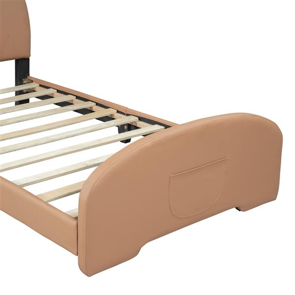 Twin Size Upholstered Platform Bed with Bear-shaped Headboard and Footboard,Brown+White