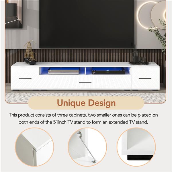 Extended, Minimalist Design TV stand with Color Changing LED Lights, Modern Universal Entertainment Center, High Gloss TV Cabinet for 90+ inch TV, White