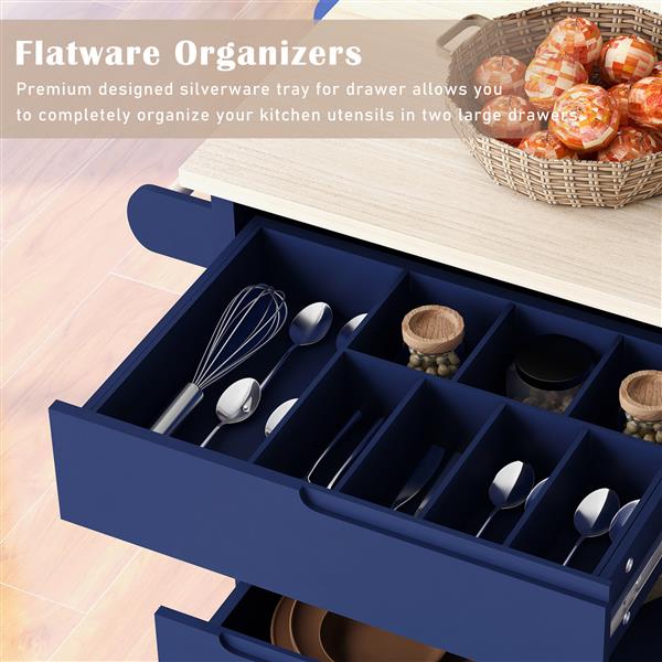 Kitchen Cart with Rubber Wood Countertop , Kitchen Island has 8 Handle-Free Drawers Including a Flatware Organizer and 5 Wheels for Kitchen Dinning Room, Dark Blue