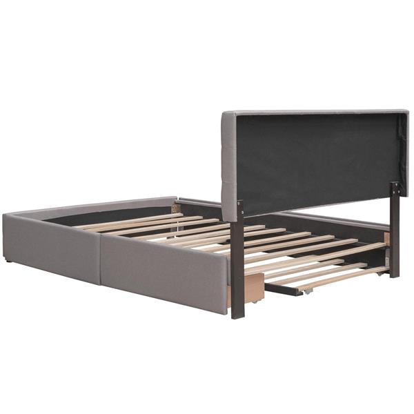 Upholstered Platform Bed with 2 Drawers and 1 Twin XL Trundle,  Linen Fabric, Queen Size - Light Gray