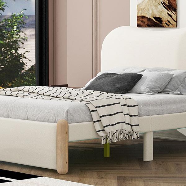 Full Size Upholstered Platform Bed with Wood Supporting Feet, Beige