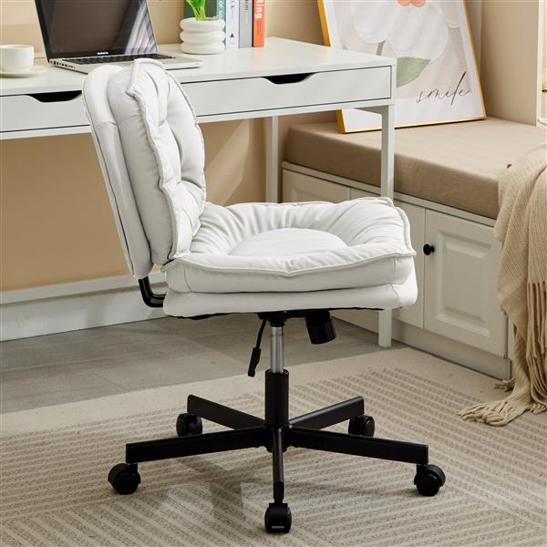 Armless-Office Desk Chair with Wheels: PU Leather Cross Legged Wide Chair,Comfortable Adjustable Swivel Computer Task Chairs for Home,Office,Make Up,Small Space,Bed Room